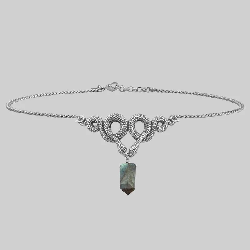 Women’s crystal necklaces-A DARK LURE. Snake & Labradorite Gemstone Chain Choker