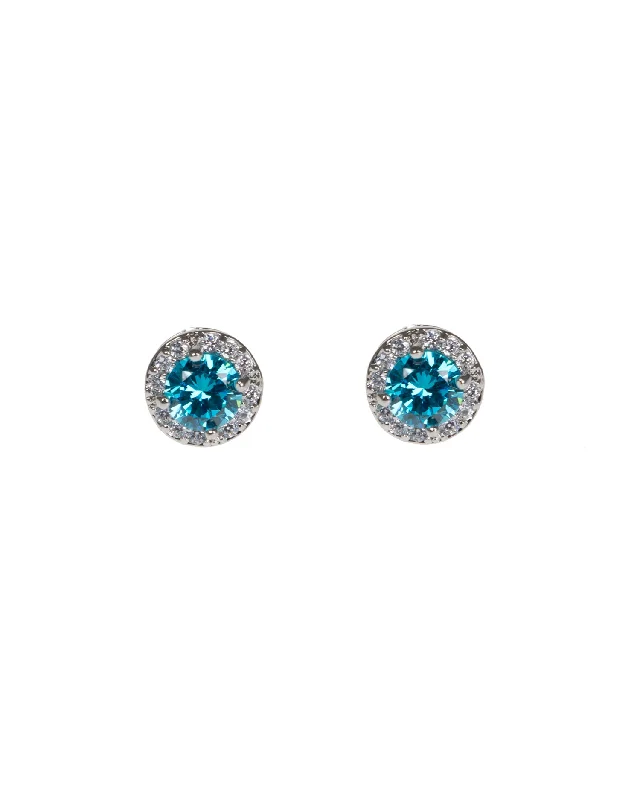 Women’s intricate design earrings-Aqua Round CZ W/Pave Halo Stud Earring