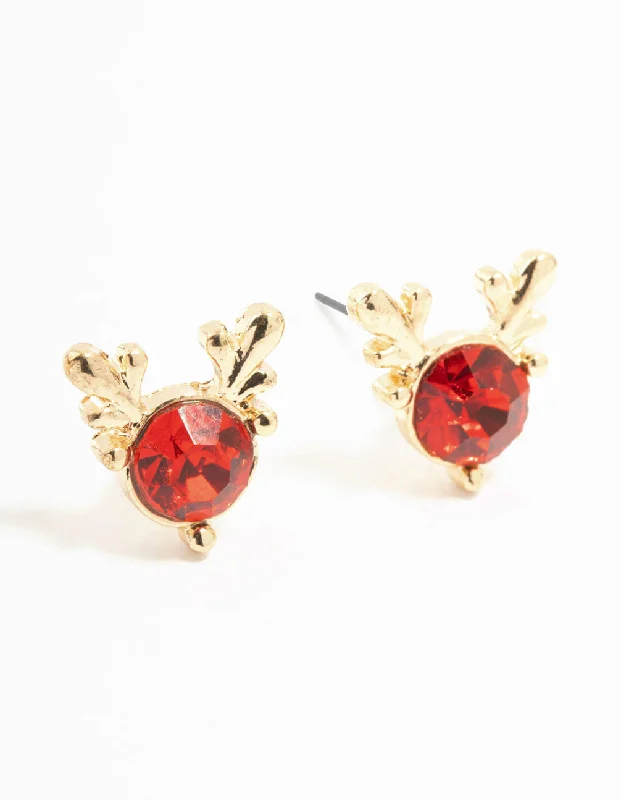 Women’s bold earrings-Red Diamante Reindeer Gold Stud Earrings