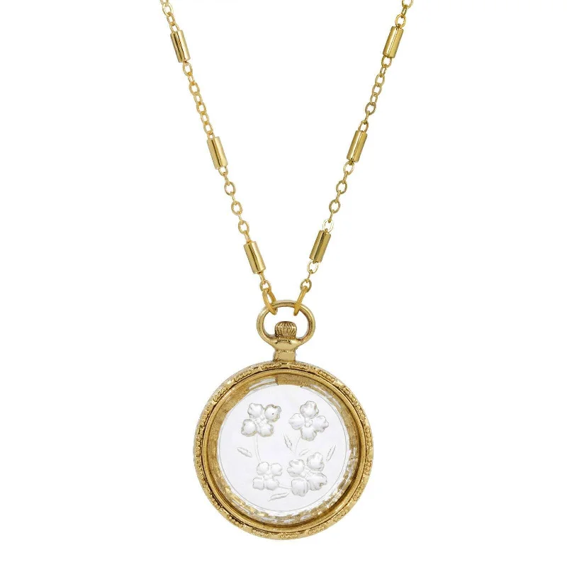 Women’s bridal necklaces-1928 Jewelry Round German Carved Intaglio Glass Flower Pendant Necklace 16" + 3" Extender