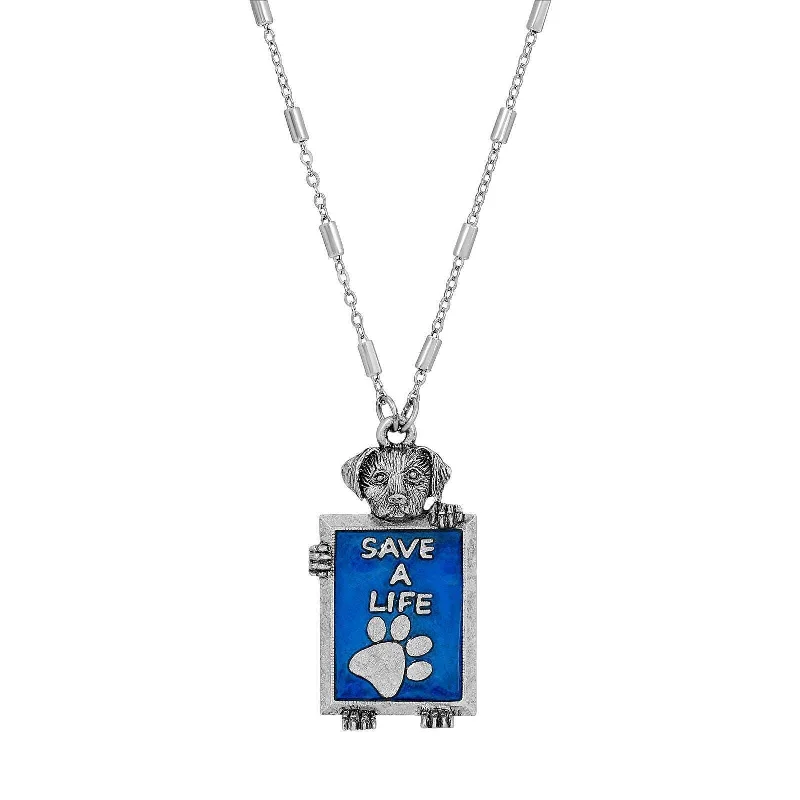 Women’s long necklaces-1928 Jewelry Pewter Dog Blue Enamel Save A Life Pendant Necklace 28"