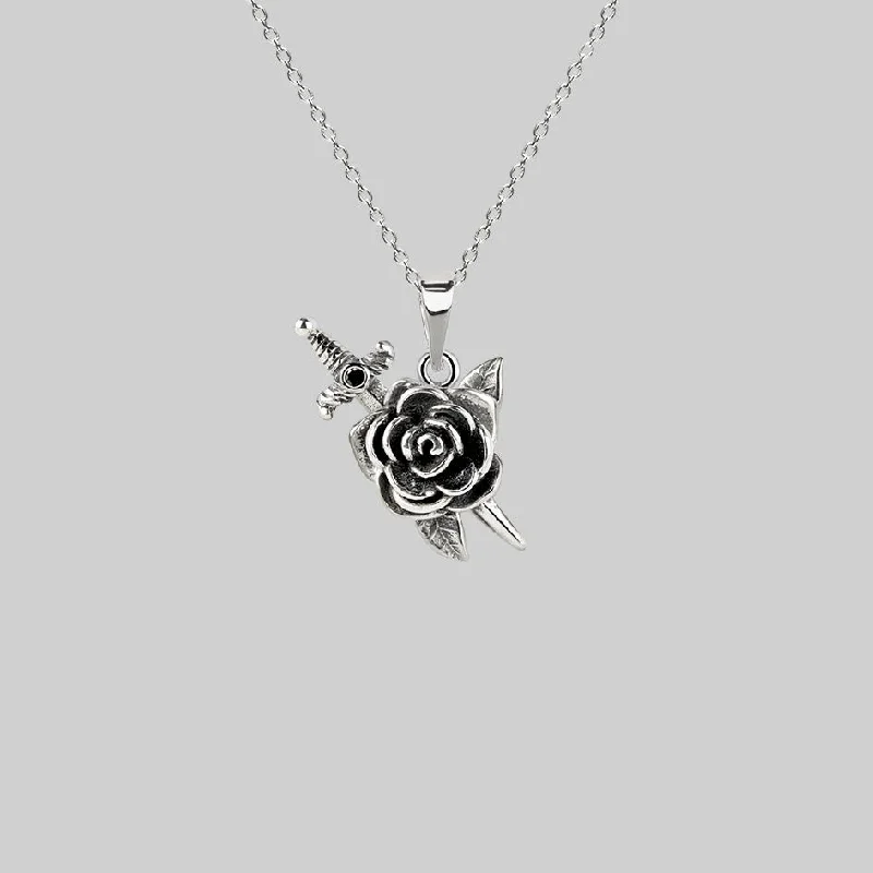 Women’s oval pendant necklaces-RHAPSODY. Dagger Through Rose Necklace - Silver