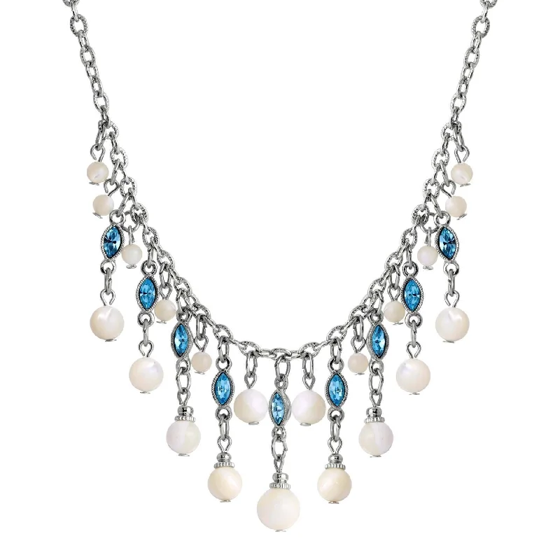 Women’s gemstone chain necklaces-1928 Jewelry Aquamarine Crystal Mother Of Pearl Bib Necklace 16" + 3" Extender