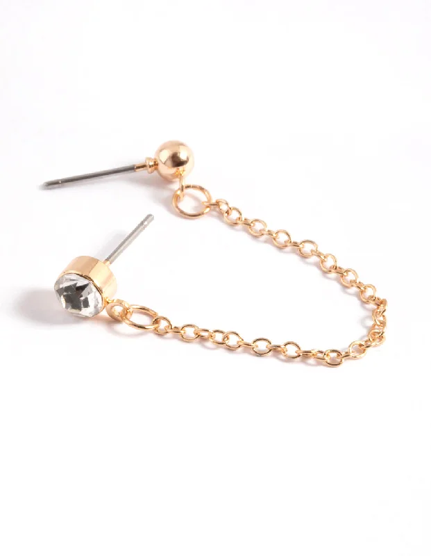 Women’s diamond drop earrings-Gold Double Diamante & Ball Chain Earrings