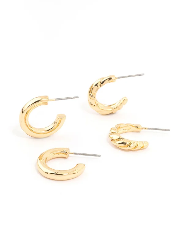 Women’s stud earrings with gemstones-Gold Plated Textured & Smooth Hoop Earrings 2-Pack