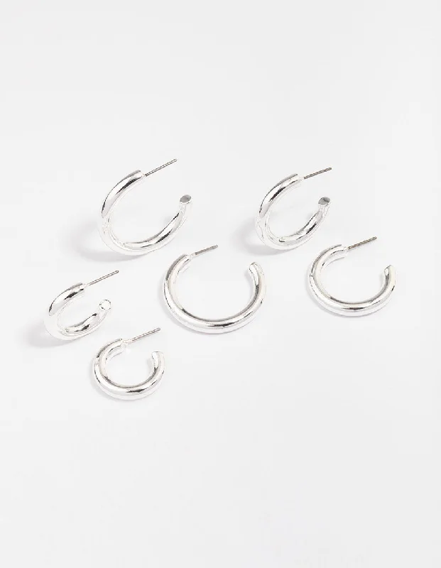 Women’s multi-layer earrings-Silver Plated Chunky Modern Hoop Earring 3-Pack