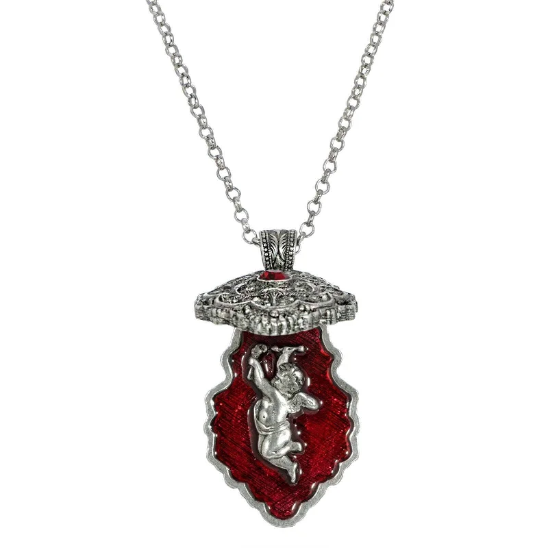 Women’s religious necklaces-Symbols Of Faith Antiqued Pewter Red Enamel Cherub Reliquary Pendant Necklace 28"