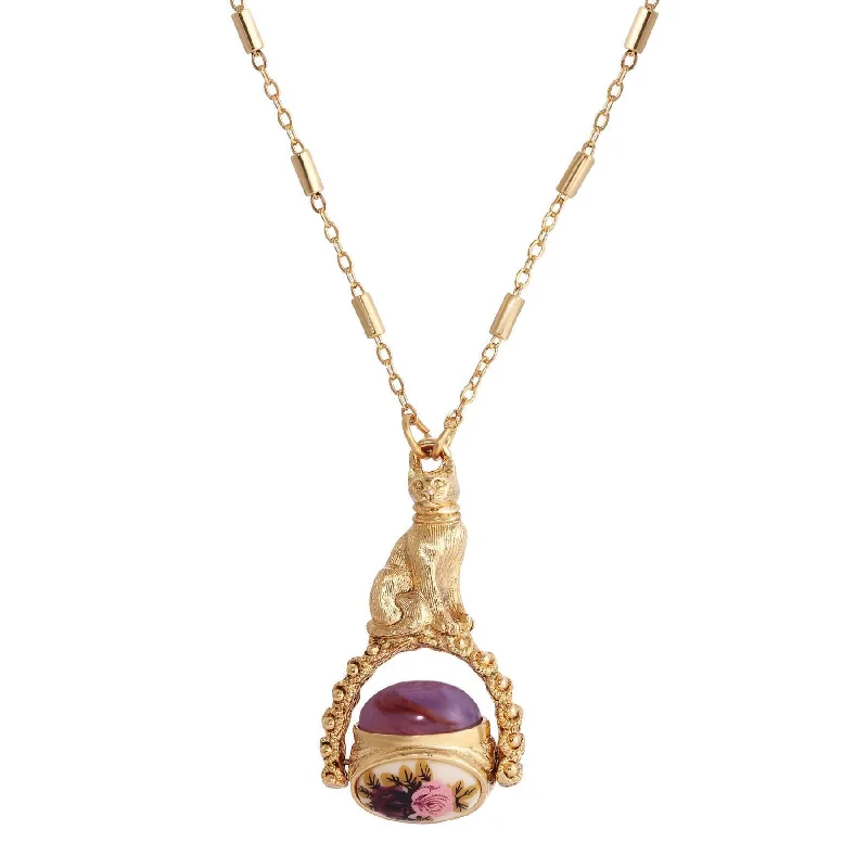 Women’s adjustable necklaces-1928 Jewelry Manor House Pink & Purple Stone Spinner Cat Pendant Necklace 30"