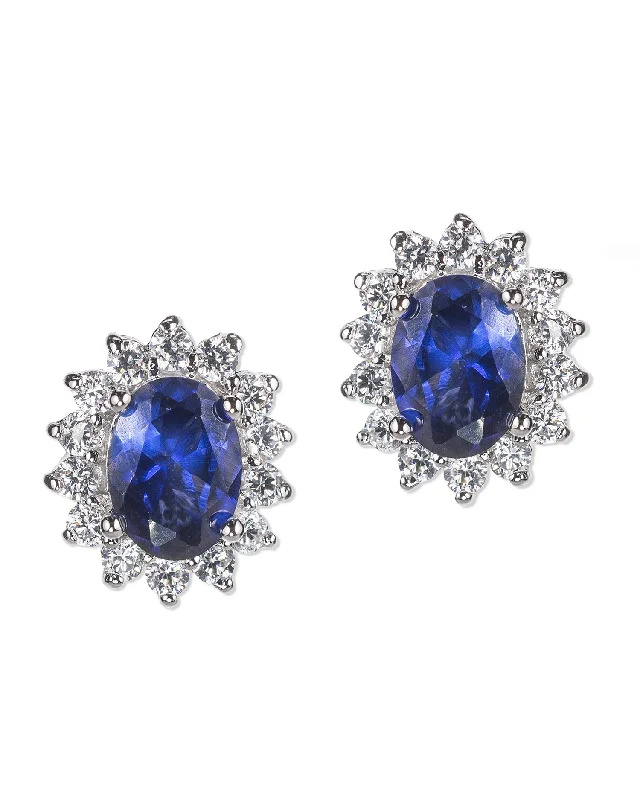 Women’s large earrings-Sapphire Oval Halo Pierced Earrings