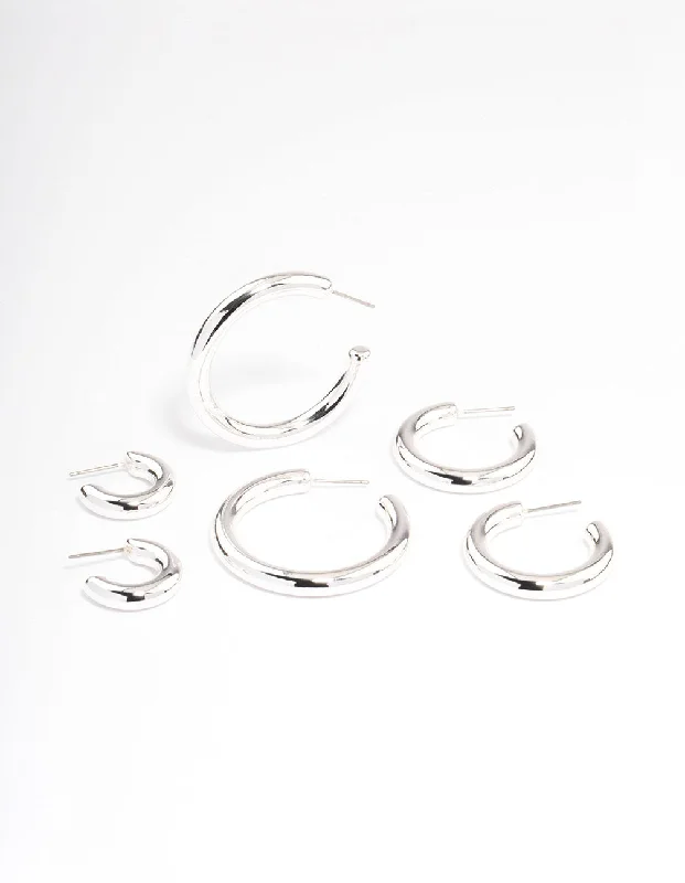 Women’s contemporary earrings-Silver Puffy Mixed Hoop Earrings Pack