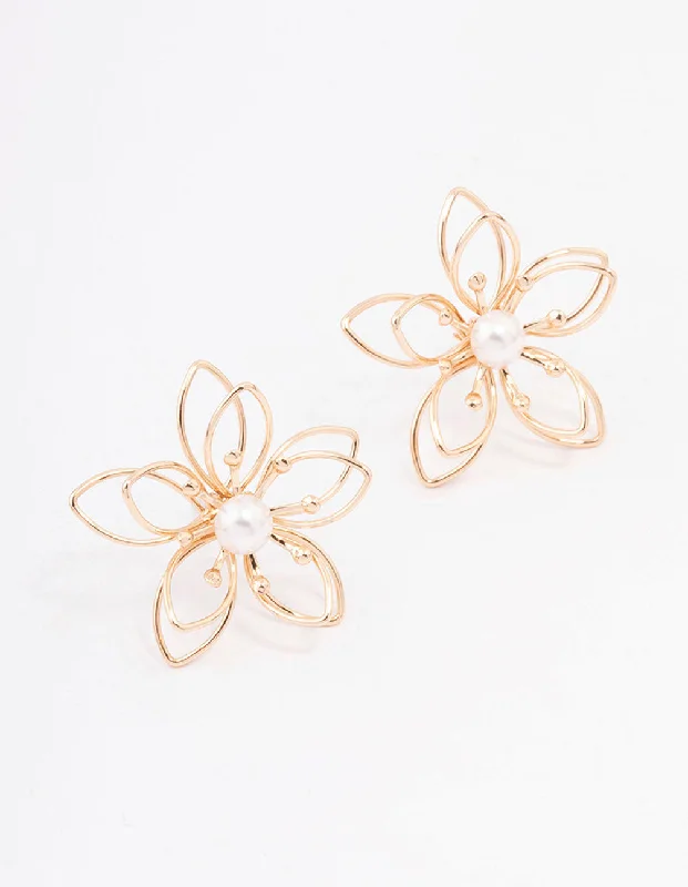 Women’s vintage hoop earrings-Gold Wire Pearl Flower Stud Earrings