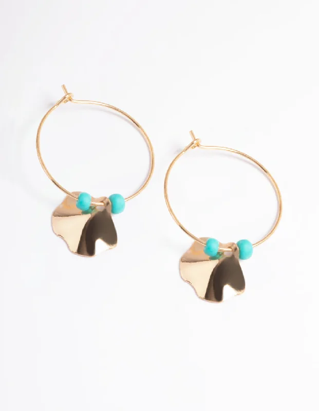 Women’s geometric drop earrings-Gold Bead & Fan Wire Hoop Earrings