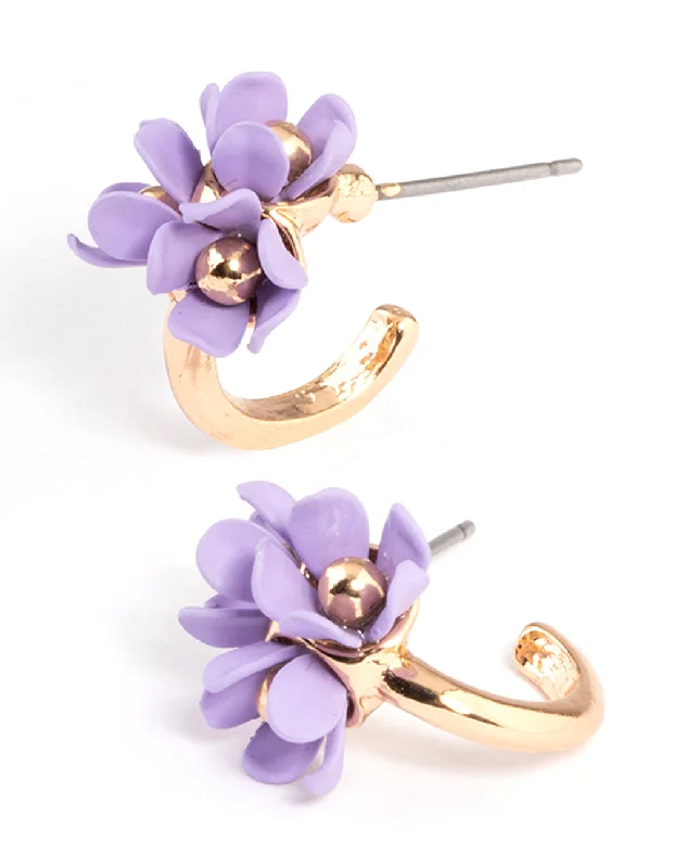 Women’s floral earrings-Purple Mini Flower Cluster Huggie Earrings