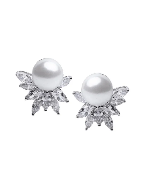 Women’s boho earrings-CZ Cluster and Pearl Clip Earrings