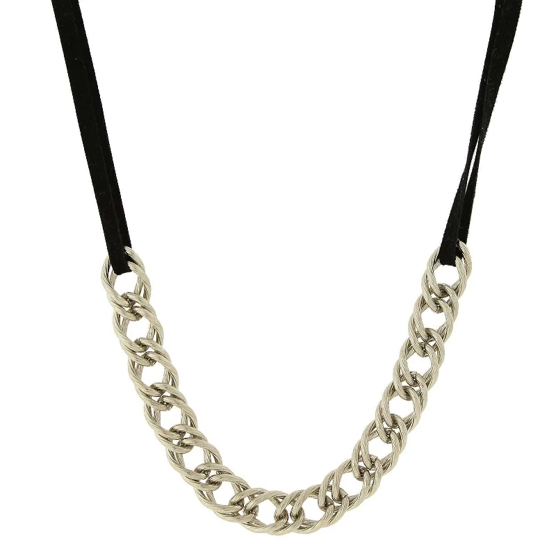 Women’s layered charm necklaces-1928 Jewelry Silver Double Curb Chain Black Suede Necklace 16" + 3" Extender