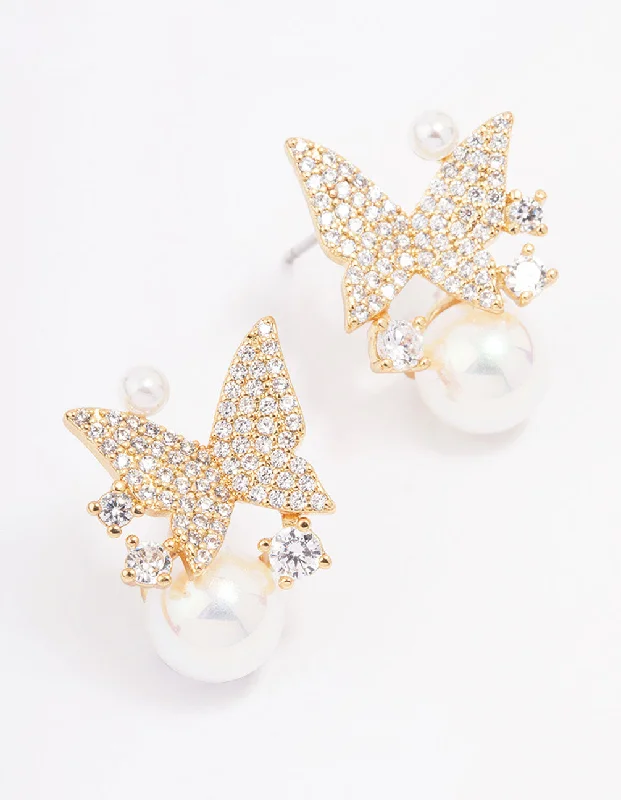 Women’s celestial earrings-Gold Plated Pearl & Butterfly Cubic Zirconia Stud Earrings