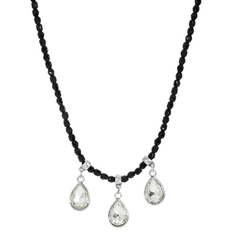 Women’s sapphire necklaces-1928 Jewelry Black Bead Small Crystal Teardrop Necklace 15" + 3" Extender