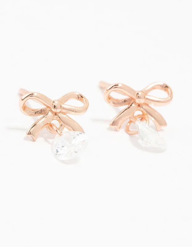 Women’s simple stud earrings-Rose Gold Plated Sterling Silver Bow And Pear Shaped Cubic Zirconia Stud Earrings