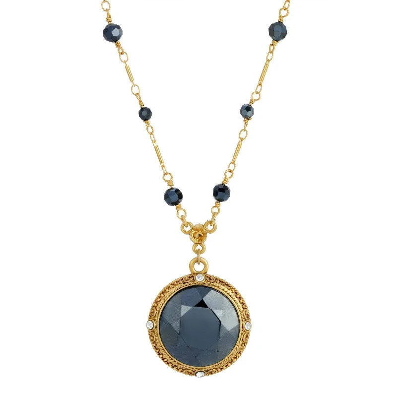 Women’s delicate necklaces-1928 Jewelry Round Faceted Hematite Glass Stone Pendant Necklace 16" + 3" Extender