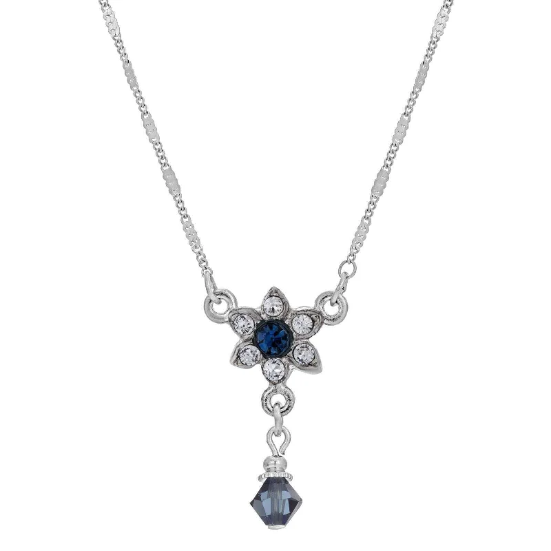 Women’s herringbone necklaces-1928 Jewelry Montana Blue & Clear Crystal Petite Flower Drop Bead Necklace 15"