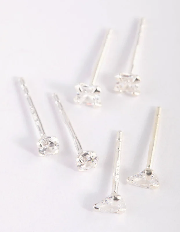 Women’s animal earrings-Sterling Silver Cubic Zirconia Stud Earring Pack