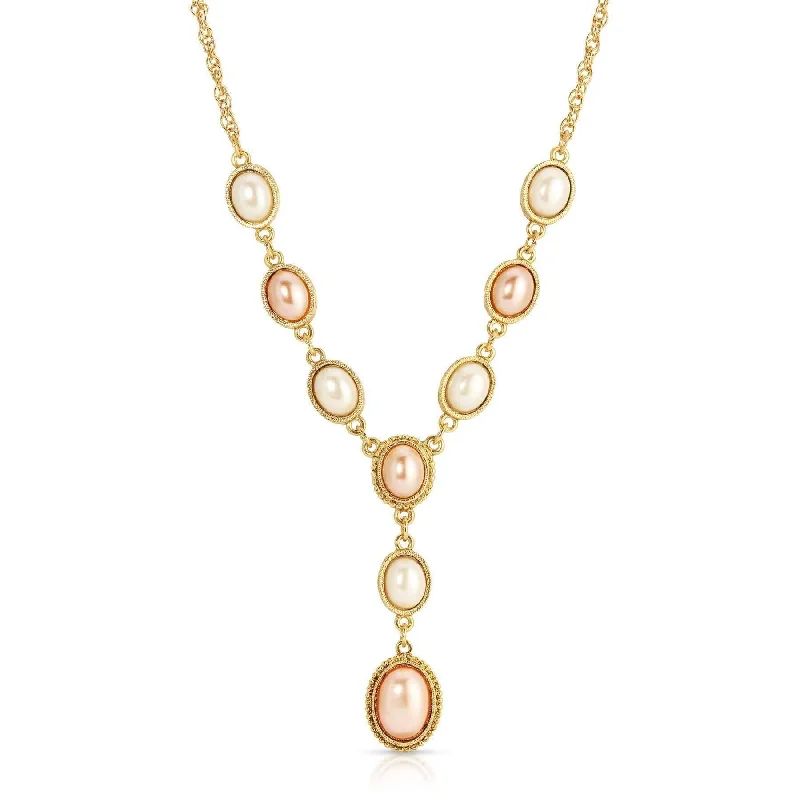 Women’s pearl and diamond necklaces-1928 Jewelry Rosabella Oval Raspberry & White Faux Pearl Y- Necklace 16" + 3" Extender