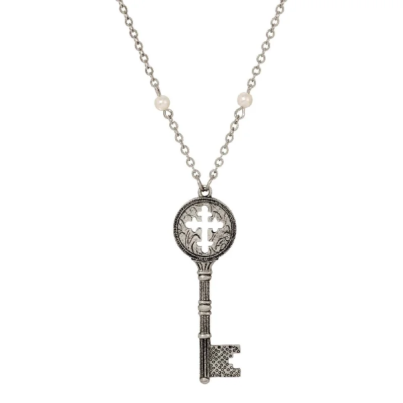 Women’s wedding necklaces-Symbols Of Faith Budded Cross Key Pendant Faux Pearl Accent Necklace 28"L