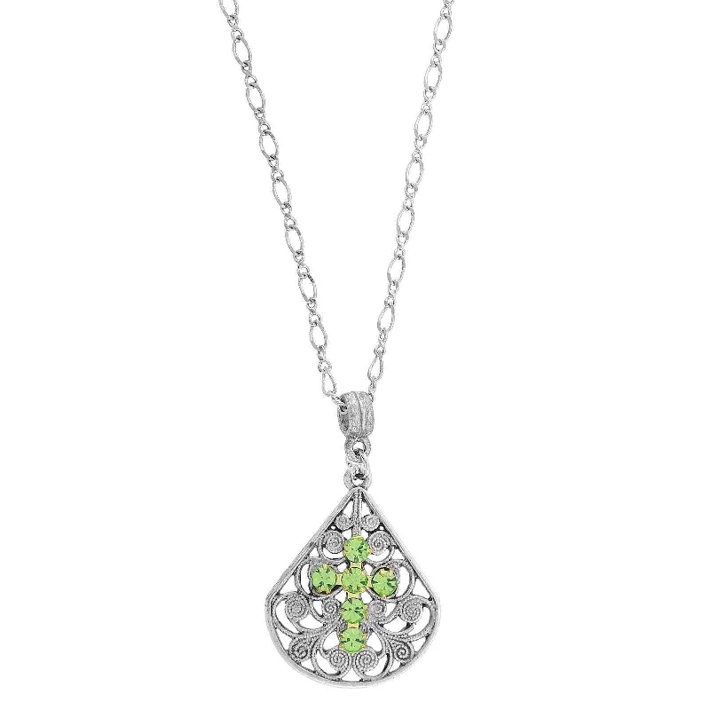 Women’s gothic necklaces-1928 Jewelry Crystal Cross Fan Filigree Teardrop Pendant Necklace 16" + 3" Extender