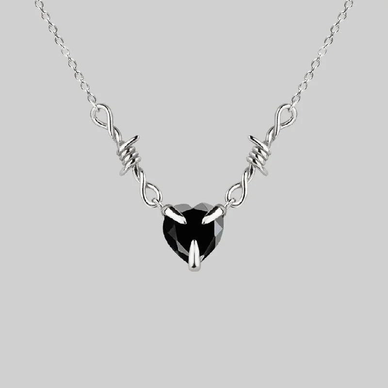 Women’s silver choker necklaces-FATAL. Barbed Wire & Black Onyx Heart Necklace - Silver