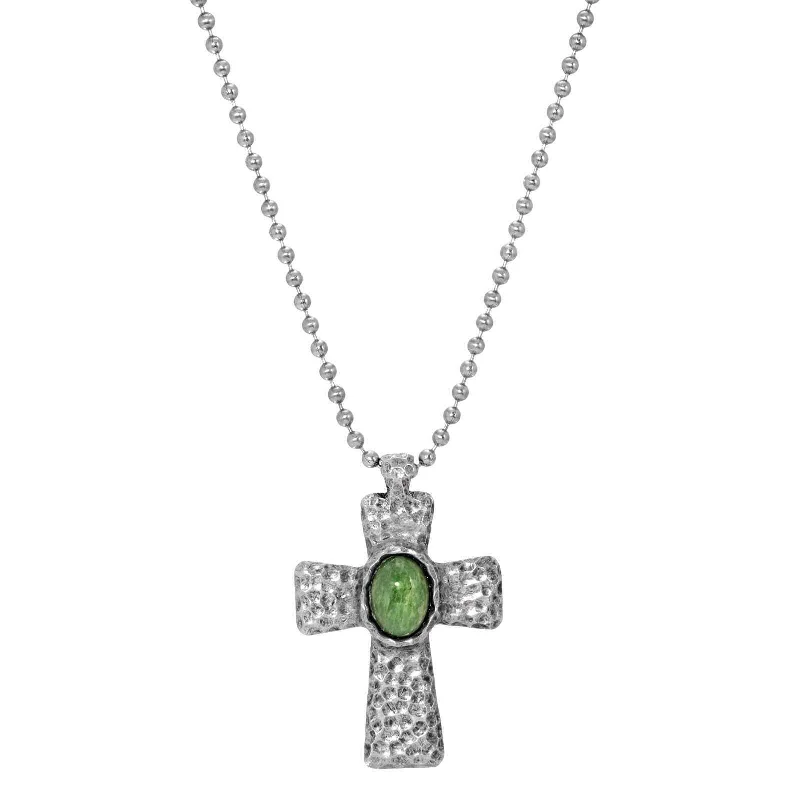 Women’s twisted chain necklaces-Symbols Of Faith Antiqued Hammered Metal Cross With Oval Gemstone Pendant Necklace 22"