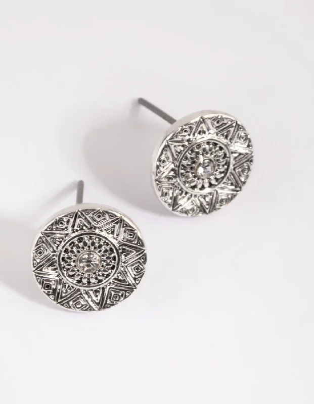 Women’s vintage earrings-Antique Silver Etched Stud Earrings