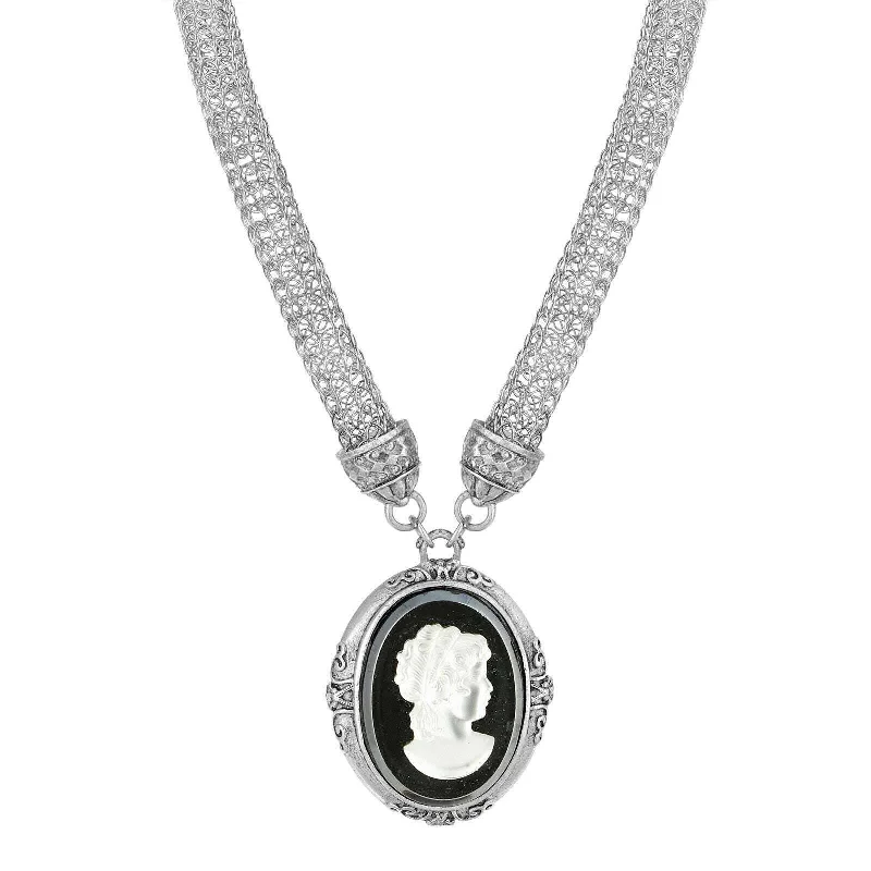 Women’s crystal necklaces-1928 Jewelry Signature Black Glass White Frost Cameo Pendant Mesh Tube Chain Necklace 18"