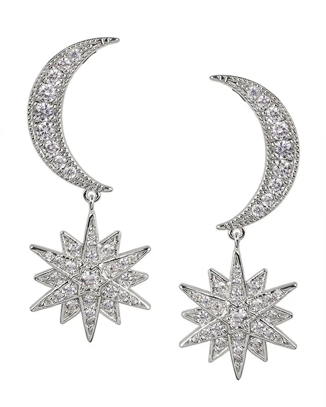 Women’s artisan earrings-Pave Moon and Starburst Drop Earrings