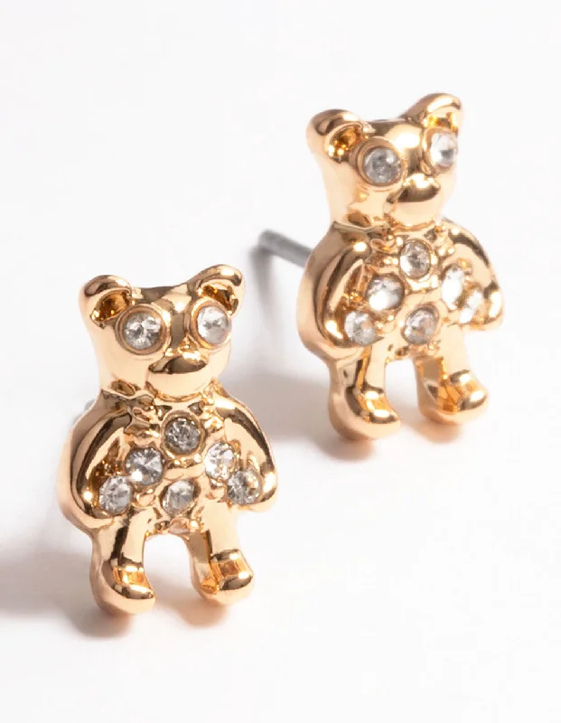 Women’s dangling gemstone earrings-Gold Diamante Teddy Stud Earrings