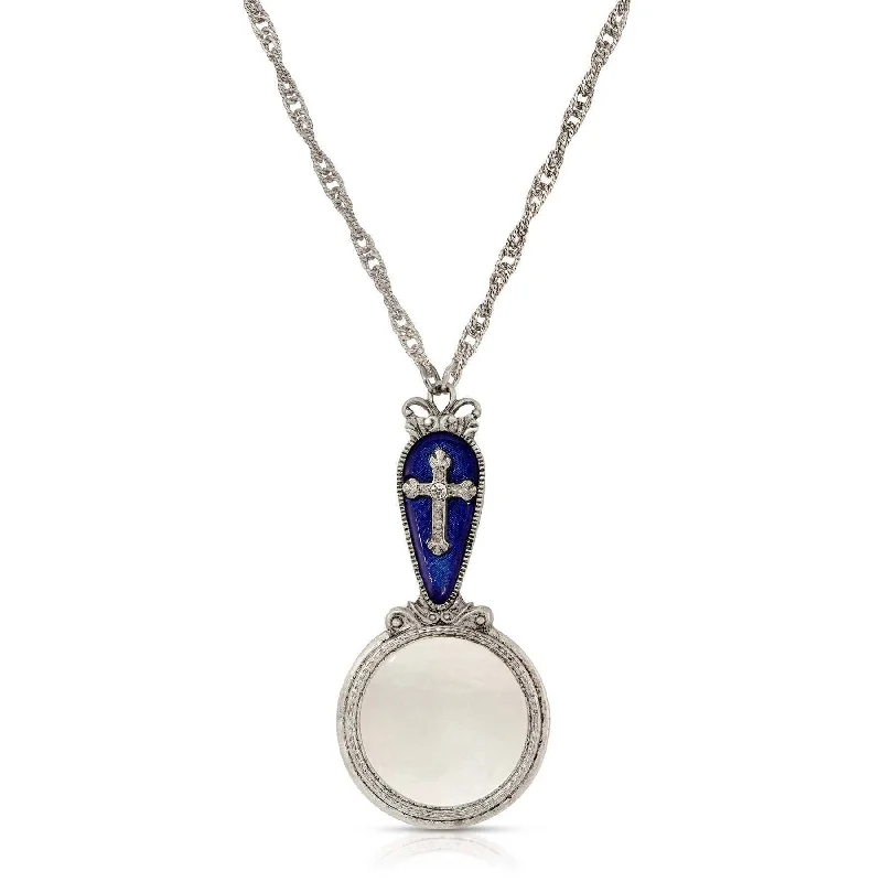 Women’s handmade necklaces-Symbols Of Faith Blue Enamel & Cross Magnifying Glass Pendant Necklace 28" - Magnification Power: 2-3X