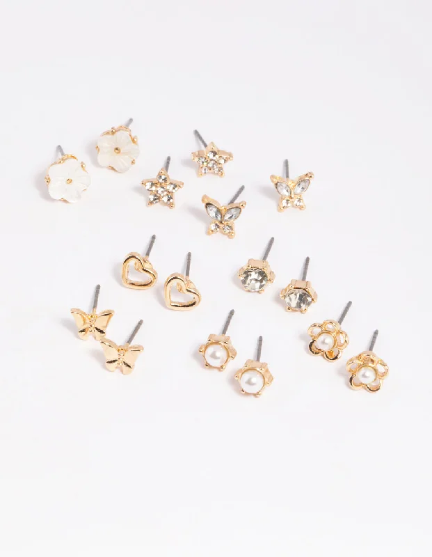 Women’s silver hoop earrings-Gold Pearlised Flower Stud Earring 8-Pack