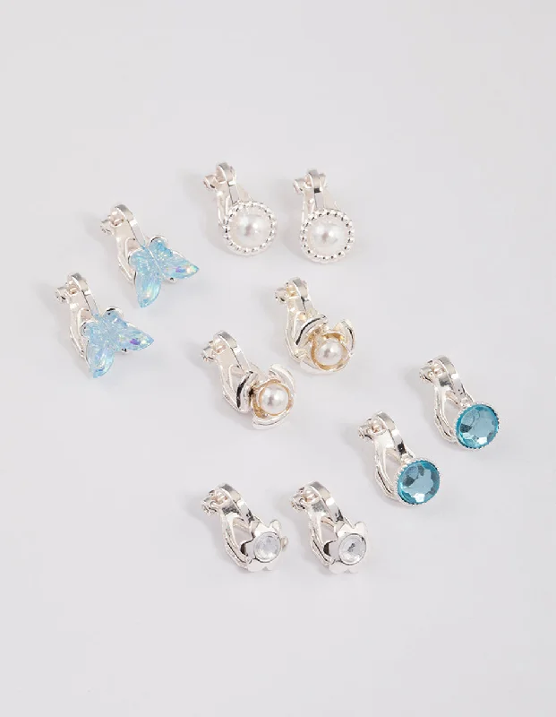 Women’s earrings with diamonds-Silver Flower & Butterfly Clip On Earrings 5-Pack