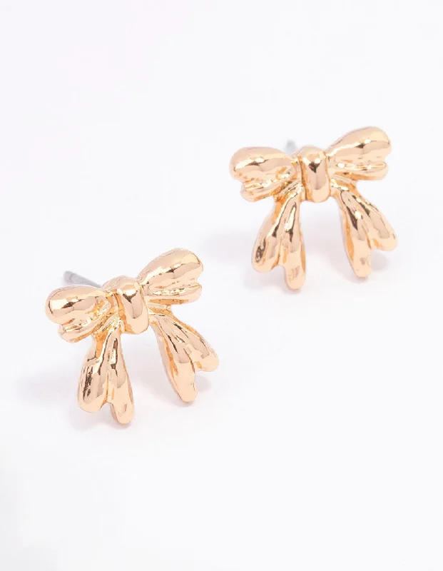 Women’s silver stud earrings-Gold Decorative Bow Stud Earrings