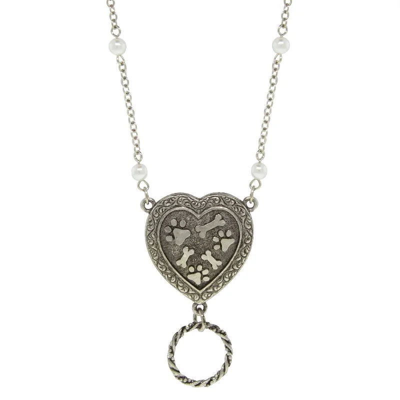 Women’s layered silver necklaces-1928 Jewelry Pewter Faux Pearl Heart Paws And Bones Eye Glass Holder Pendant Necklace 28"