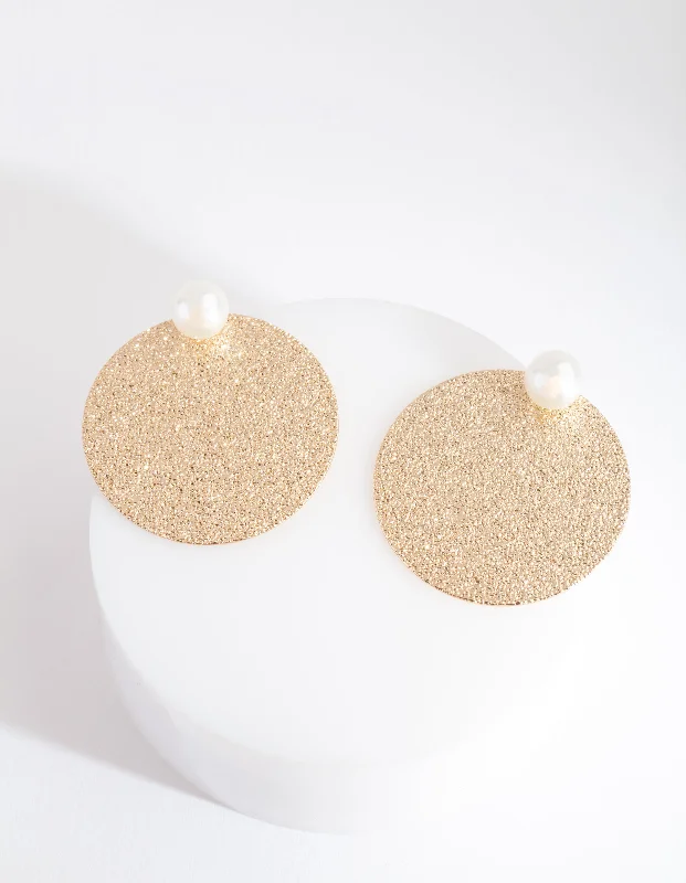 Women’s rose gold earrings-Gold Sandblast Disc & Ball Earrings