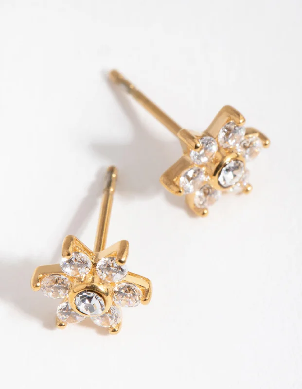 Women’s luxury earrings-24 Carat Gold Plated Surgical Steel Cubic Zirconia Flower Stud Earrings