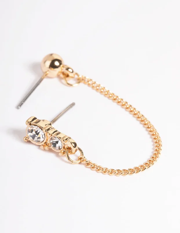 Women’s special occasion earrings-Gold Double Diamante & Ball Chain Earrings