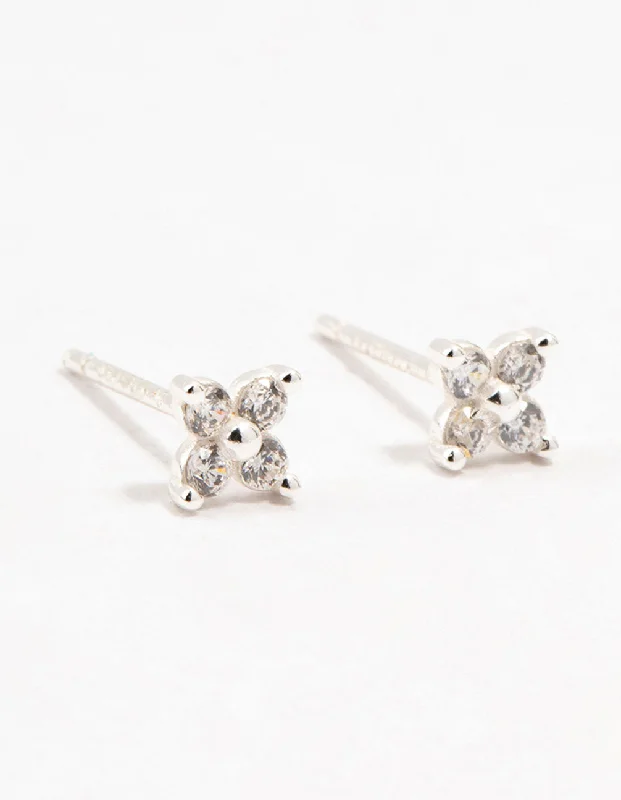 Women’s handmade earrings-Sterling Silver Cubic Zirconia Micro Flower Stud Earrings