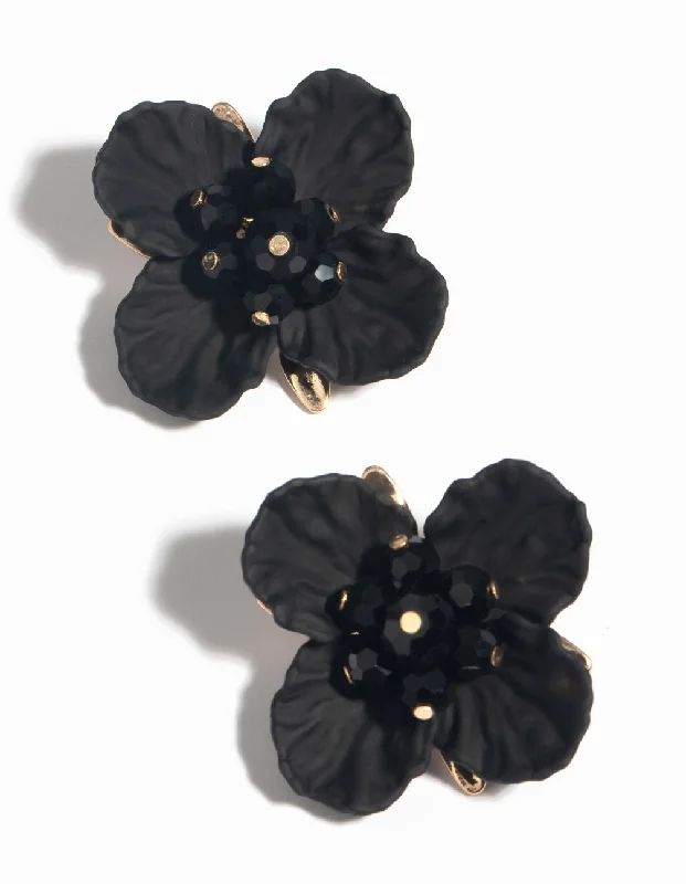 Women’s handmade stud earrings-Black Pearlised Flower Stud Earrings