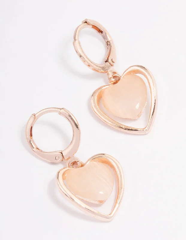 Women’s bridal earrings-Rose Gold Cats Eye Heart Huggie Earrings