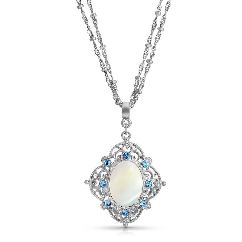 Women’s luxury necklaces-1928 Jewelry Aquamarine Crystal Mother Of Pearl Filigree Pendant Necklace 16" + 3" Extender