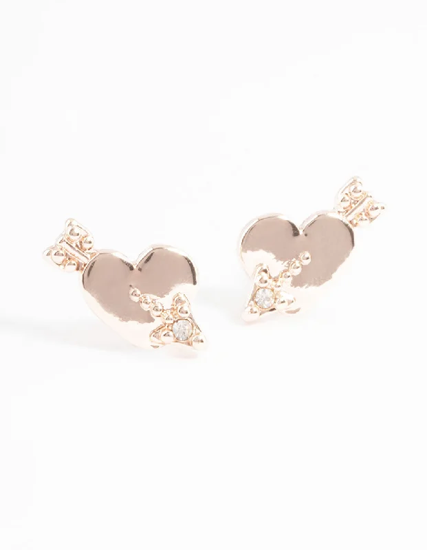 Women’s hoop earrings-Rose Gold Heart Arrow Stud Earrings