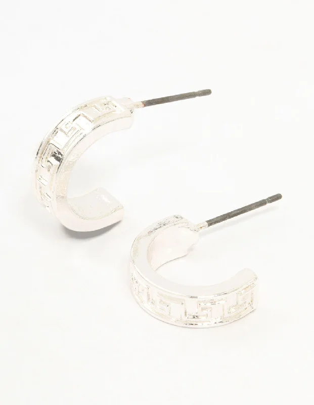 Women’s earrings with pearls-Silver Wide Greek Key Huggie Earrings