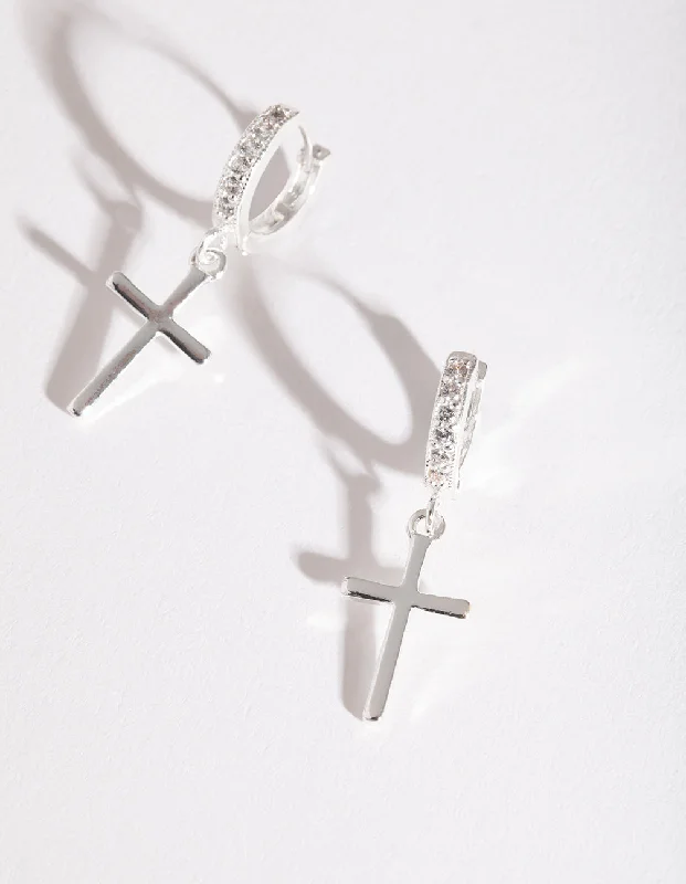 Women’s ear cuff earrings-Silver Cross Huggie Earrings