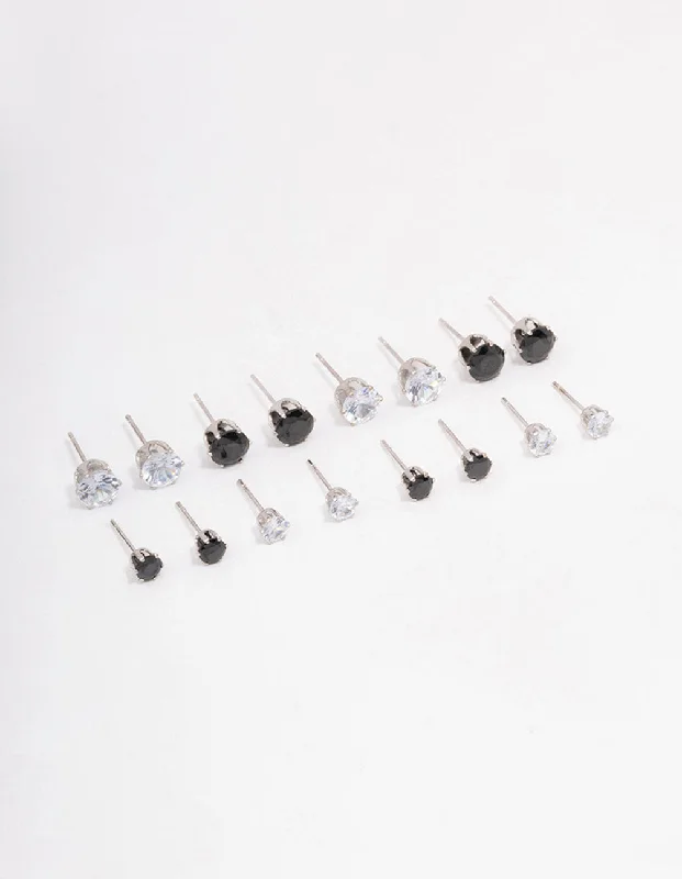 Women’s flower earrings-Silver Basic Diamante Stud Earring 8-Pack